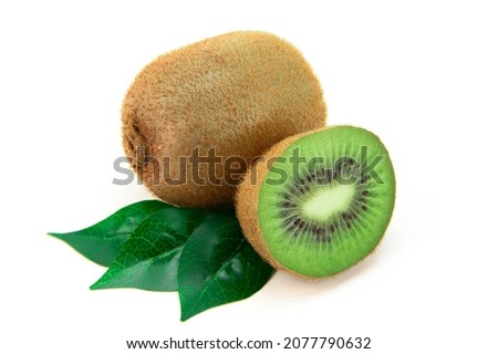 Half a kiwi next to a whole unpeeled fruit with green leaves. Isolated on white background.