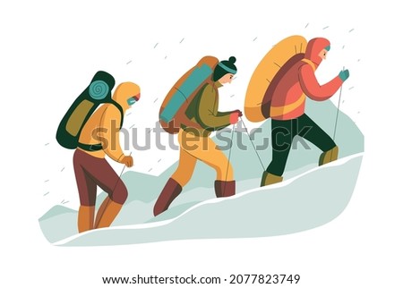 Mountain climbing trekking hiking flat composition with group of hikers walking on snow vector illustration