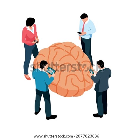 Isometric teamwork brainstorm composition with human characters of coworkers and human brain vector illustration