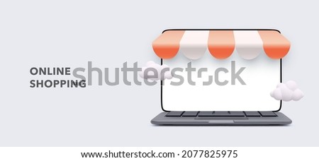 Banner of realistic 3d detailed ecommerce concept include of screen laptop. Concept of online store in your laptop. Vector illustration Royalty-Free Stock Photo #2077825975
