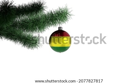 New Year's ball with the flag of Bolivia on a Christmas tree branch isolated on white background. Christmas and New Year concept.