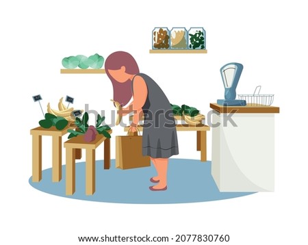 Woman daily routine flat composition with view of grocery store and woman choosing vegetables vector illustration