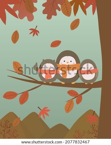 Cute Cartoon character with the owl family with scarf standing on branch of tree in winter, mountain and forest in background , vector illustration