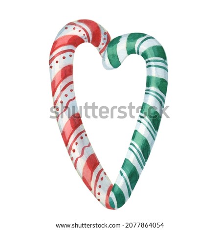 Watercolor heart of red and green striped candy sticks. Izolated on  white background. New Year, Merry Christmas composition for greeting card, holiday design.