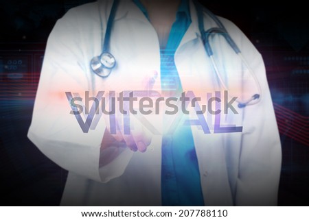 Doctor presenting the word viral against shiny red statistic on black background
