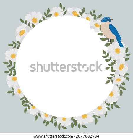 Vector illustration of a floral round frame with white flowers and a blue bird. Frame for text, suitable for postcard, wedding invitation, thank you card.