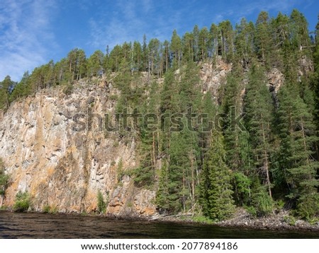 A very steep cliff and nearby pine trees growing on the shore of a lake in Karelia