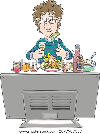 Funny young man with disheveled hair sitting at his table in front of TV, drinking a glass of wine and having dinner, vector cartoon illustration on a white background