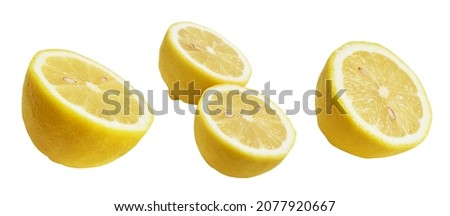 Fresh yellow lemon fruit isolated with clipping path, no shadow, pieces, half, slices in white background