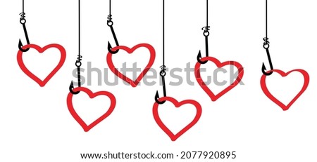Cartoon fishing hook with love heart banner. Fishing with lover. Fish rods icon or pictogram. I love fishing for 14 february, valentine, valentines day. Fish hook or fishhook. National go fishing day