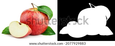 Ripe red apple fruit with slice and leaves isolated on white background. Includes a ready-made clipping mask (alpha channel) for quick isolation. Easy to selection object Royalty-Free Stock Photo #2077929883