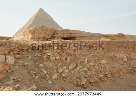 Pyramid of Khafre (lso read as Khafra, Khefren) or of Chephren is the second-tallest and second-largest of the Ancient Egyptian Pyramids of Giza and the tomb of the Fourth-Dynasty pharaoh Khafre  Royalty-Free Stock Photo #2077973449