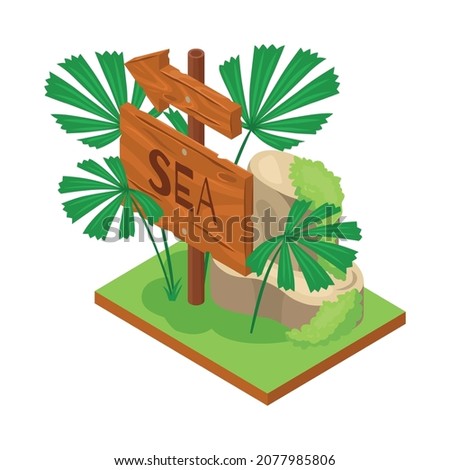 Isometric jungle composition with square piece of terrain and exotic plant with wooden signboard vector illustration