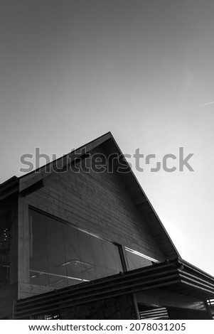Black and white minimalist photograph of house roof and plane in sky.