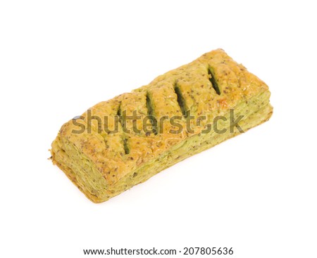 Green tea pie isolated on white background.