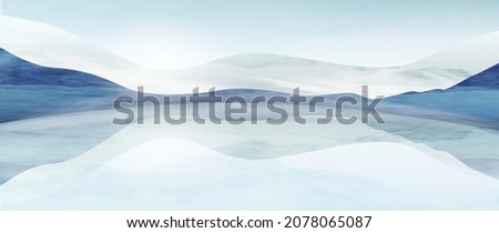 Watercolor art background with mountains and lake in winter. Landscape banner in blue tones for art decorations, print for decor Royalty-Free Stock Photo #2078065087