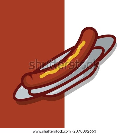 Sausage on Plate Vector Icon Illustration. Hotdog Vector. Flat Cartoon Style Suitable for Web Landing Page, Banner, Flyer, Sticker, Wallpaper, Background