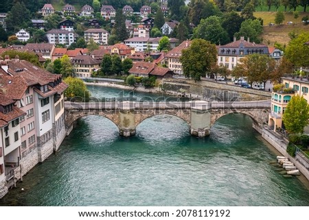 Travel to Bern. Sunrise photographed in this beautiful city from Switzerland. Photo taken next to Aare river with view to the entire old part of the town.