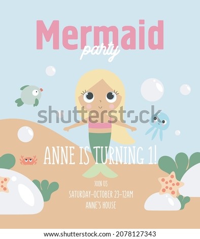 Mermaid Party Invitation Card Template, Birthday Party in Mermaid Style Celebration, Greeting Card, Flyer Cartoon Vector. Kids illustration with charming mermaid. Illustration in a flat cartoon style.