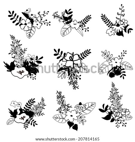 Set of cute hand-drawn floral bouquets, isolated. Wedding, birthday, celebration card template.
