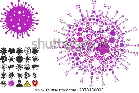 Vector infectious herpes virus icon collage of contagious microbes. Herpes virus mosaic is constructed of infectious elements, parasites, microbes, spores, contagious agents, Royalty-Free Stock Photo #2078150095