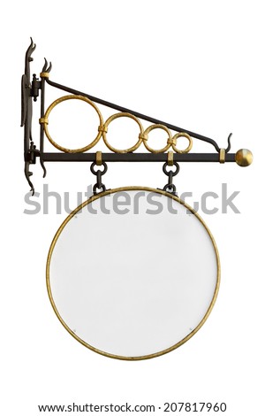 Gold plated wrought iron wall mounted circular shop sign without text isolated with clipping path