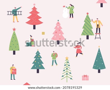 People are decorating Christmas trees of various designs. A small and simple patterned background illustration. flat design style vector illustration.