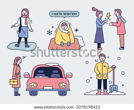 Why I hate winter. The characters are explaining the shortcomings of winter.  flat design style vector illustration.