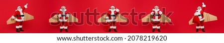 Five pictures composition of funky grandpa father xmas using eco tech wings shipping distance service leaving office elves rise up on red background