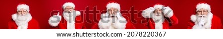 Modern designed collage of father saint Nicolas read newyear low prices consumerism banner ad isolated on maroon red background