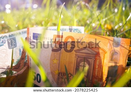 The 50 Euro banknote is lying in the grass. Back 1000 rubles. The concept of the exchange rate. High quality photo