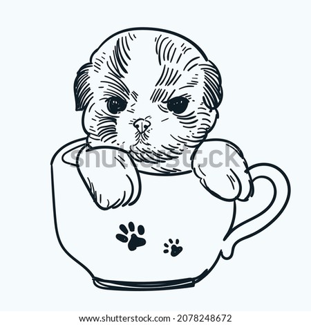 Vintage hand drawn sketch puppy in a cup