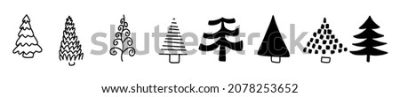 Christmas tree. Hand Drawn 8 Doodle Christmas Tree Icons. Vector illustration of line trees. Doodle set. Forest background.