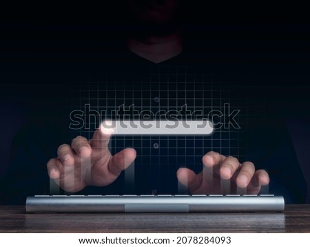 Searching icon on search engine bar pointing by man's finger while using computer keyboard with network background. Blank search tab. Searching browsing internet data information networking concept.