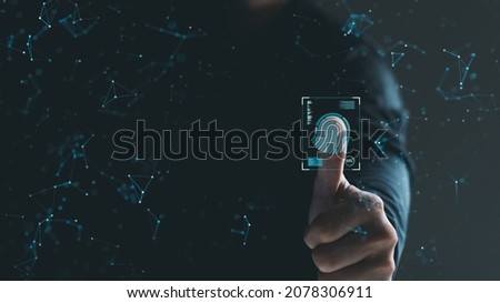 Security of future technology and Cybernetics on the Internet, finger scanning allows access to security and identification of big Data businesses, bank and Cloud Computers,AI. Royalty-Free Stock Photo #2078306911