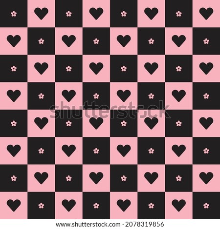 Cute Heart Flower Element Black Pink Check Checked Checkered Gingham Pattern Editable Stroke. Cartoon Illustration, Mat, Fabric, Textile, Scarf, Wrapping Paper. 