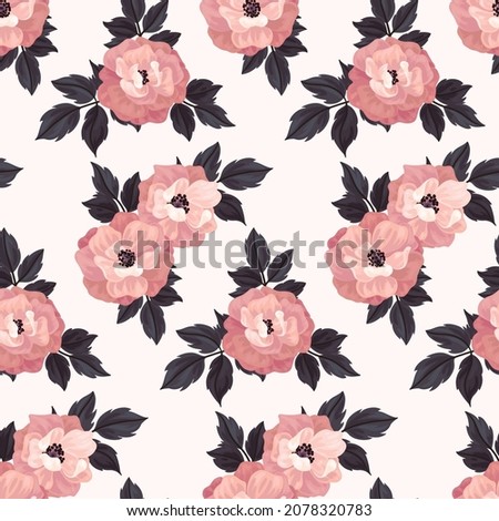 Seamless pattern with delicate roses and dark leaves on a white background. Feminine floral print with a romantic mood. Vector illustration.