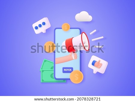 Refer a friend concept. People share information about making money with affiliate referrals. Social media marketing for friends. Vector 3d illustration. Royalty-Free Stock Photo #2078328721