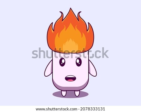 Cute marsmallow fire burning on top character vector icon illustration. Isolated flat design.