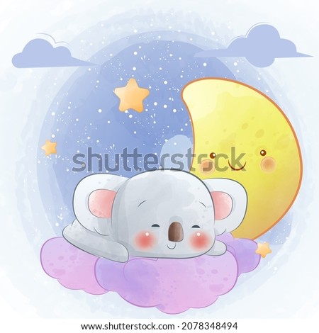 Baby koala sleeping on the moon watercolor illustration
