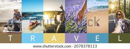 Summer banner holiday vacation travel people lifestyle concept. Colorful header with men and women enjoying summer adventure discovering the world destinations