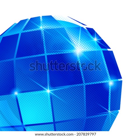 Contemporary background with plastic pixel dimensional sphere created from geometric figures, shiny dotted futuristic fond.