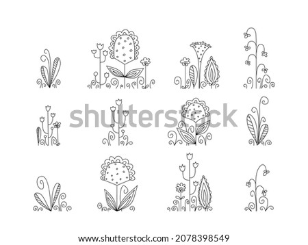 Linear cartoon flowers. A set of fantastic plants and flowers, fragments of a flower meadow. Vector illustration on white background.