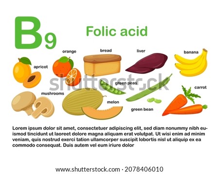 Rectangular poster with food products containing vitamin B9. Folic acid. Medicine, diet, healthy eating, infographics. Products with name.Flat cartoon food illustration isolated on a white background. Royalty-Free Stock Photo #2078406010
