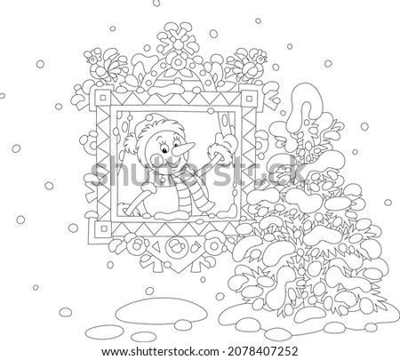 Funny toy snowman friendly smiling, looking out of a decorated wood window and waving its hand in greeting, black and white vector cartoon illustration for a coloring book page