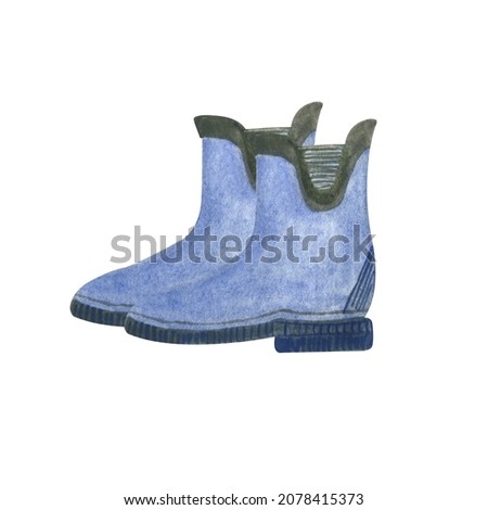 Watercolor illustration of rubber boots for rain weather, for gardening, outdoors. Blue color. Isolated on white background