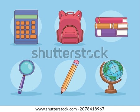 six school supplies education icons