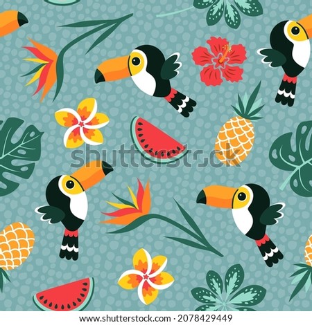 Tropical seamless pattern with toucans, pineapples and beautiful flowers. Vector illustration.