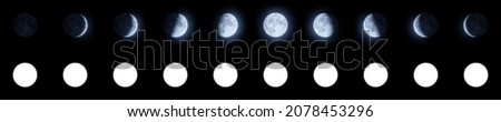 Representation of the moon in its different lunar phases with clipping mask. Digital illustration. 3D rendering