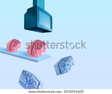 Minimal abstract, surreal scene with TV box and human brain models isolated on pastel blue background. Role and influence of television in shaping public opinion. Communication in mass media concept.